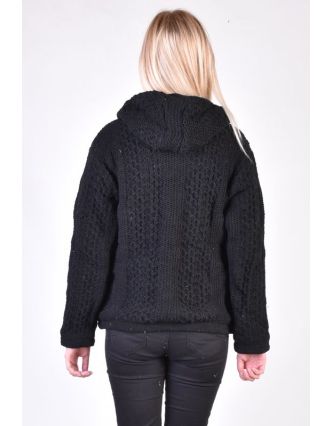 Čierny vlnený sveter s kapucňou a vreckami, unisex