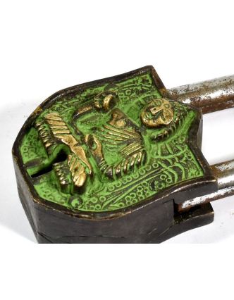 Visiaci zámok, Budha, zelená patina mosadz, dva kľúče v tvare dorje, 9cm