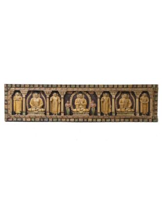Vyrezávaný panel 5 Budhov, maľovaný antik, 212x7x52cm