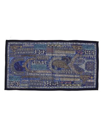 Unikátna tapiséria z Rajastanu, tmavo modrá, ručné zlaté vyšívanie, 67x129cm
