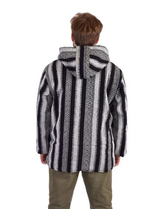 Unisex nepálska ghari bunda s kapucňou, čiernobiela, podšívka, zapínanie na zips