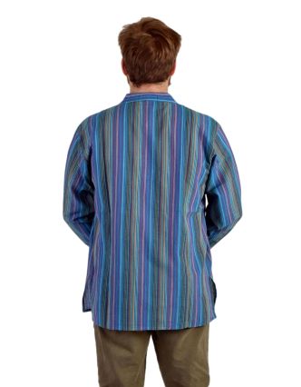 Pruhovaná pánska košeľa-kurta s dlhým rukávom a vreckom, modro-fialová
