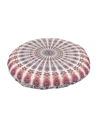 Meditačný vankúš, okrúhly, bielo-ružový, mandala pávie perá, 80x10cm