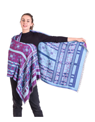 Veľký šál, modro-fialový, vzor, strapce, 69x190cm