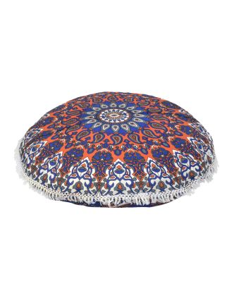 Meditačný vankúš, okrúhly, 80x13cm, modro-oranžový, mandala, strapce