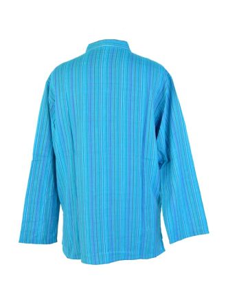 Pruhovaná pánska košeľa-kurta s dlhým rukávom a vreckom, tyrkysová