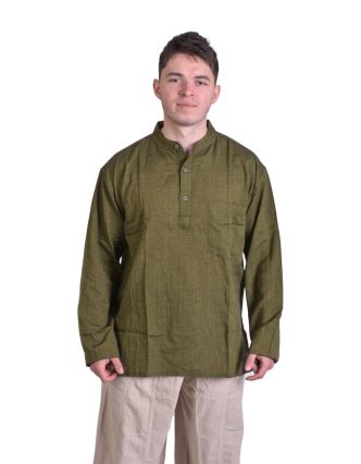 Kaki pánska košeľa-kurta s dlhým rukávom a vreckom