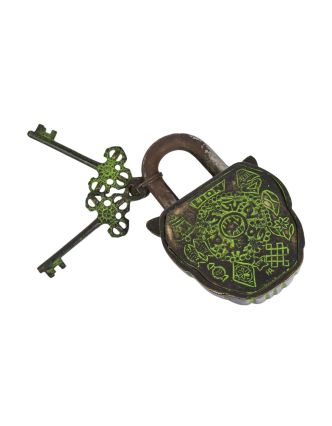Mosadzný visiaci zámok levia hlava, zelená patina, 2 kľúče, 9x14cm