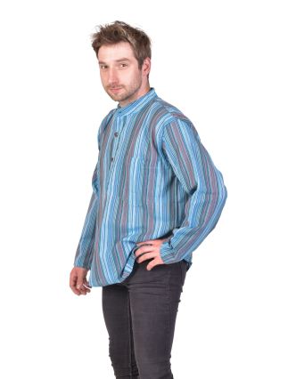 Pruhovaná pánska košeľa-kurta s dlhým rukávom a vreckom, svetlo modrá