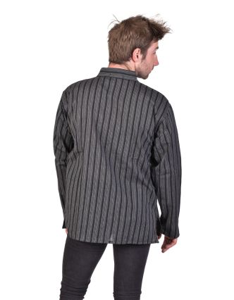 Pruhovaná pánska košeľa-kurta s dlhým rukávom a vreckom, čierno-šedá