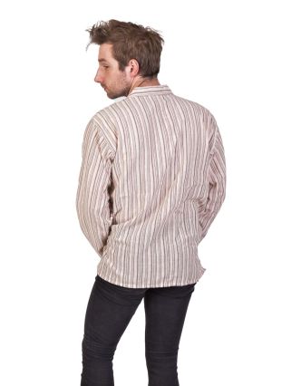Pruhovaná pánska košeľa-kurta s dlhým rukávom a vreckom, béžovo-hnedá