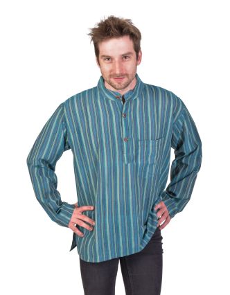 Pruhovaná pánska košeľa-kurta s dlhým rukávom a vreckom, modro-zelená