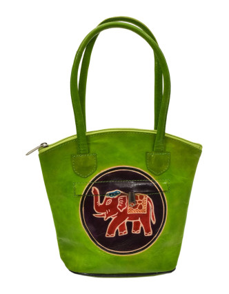 Kožená kabelka, zelená, ručne maľovaná koža, 24x22cm+14,5cm ucha
