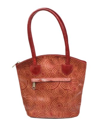 Kožená kabelka, červená, ručne maľovaná koža, 24x22cm+14,5cm ucha