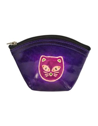 Peňaženka na drobné fialová, hlava mačky, ručne maľovaná koža, 11x9cm