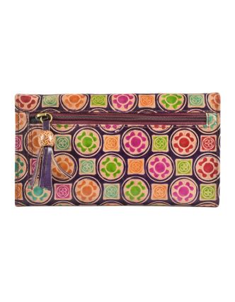 Peňaženka, farebné obrazce maľovaná koža, fialová, 21,5x12cm