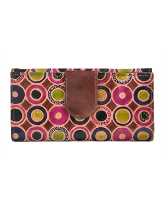 Peňaženka, farebné kolieska, maľovaná koža, hnedá, 9,5x19,5cm
