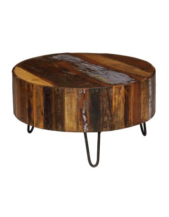 Okrúhly stolík z teakového dreva v "Goa" štýle, kovové nohy, 70x70x38cm