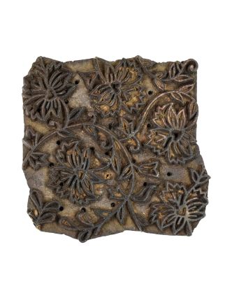 Antik drevená raznica na tlač prehozov s motívom floral, block print, 15x7x15cm