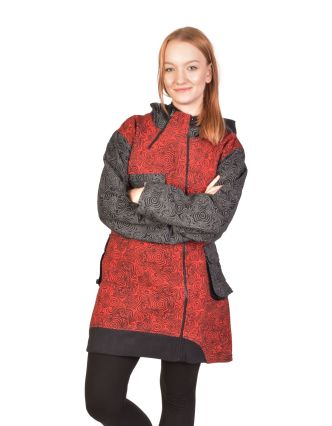 Kabátik s kapucňou, čierno-šedo-červený, potlač, na zips, vrecká, fleece podšívka