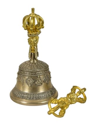 Tibetský zvon a dorje, mosadzná farba, ornament, 18cm