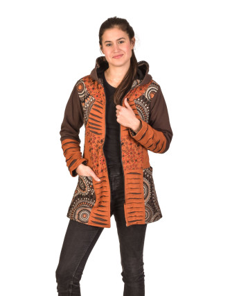 Kabátik s kapucňou hnedo-oranžový, potlač a prestrihy, na zips, vrecká, podšívka