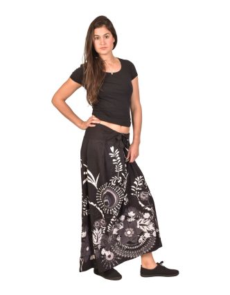 Dlhá sukňa, čierno-biela s Flower potlačou, elastický pás, šnúrka