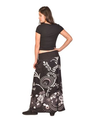 Dlhá sukňa, čierno-biela s Flower potlačou, elastický pás, šnúrka