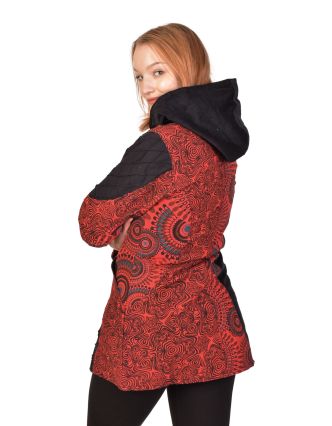 Kabátik s kapucňou, červený mandala print, zapínanie na zips a vrecká, podšívka