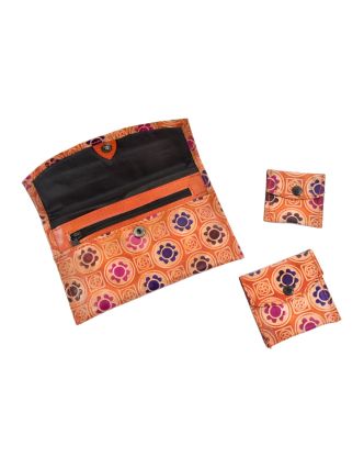 Peňaženka, sada 3ks (veľká + 2 malé) maľovaná koža, oranžová so vzorom, 17,5x11cm