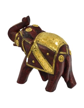 Drevený slon, ručne maľovaný, zdobený mosadzou, 17x7x17cm