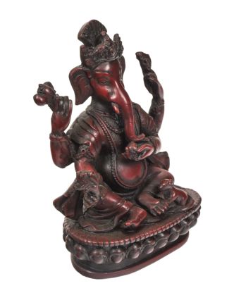 Ganesh sediaci na lotosovom tróne, červený, živica, 11x7x16cm