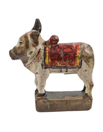 Soška kravy "HOLY COW" ručne vyrezaná z dreva, antik, 19x5x21cm