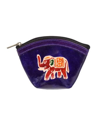 Peňaženka na drobné, fialová, slon, ručne maľovaná koža, 11x9cm