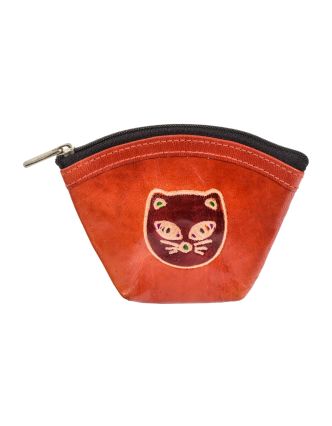 Peňaženka na drobné, oranžová, mačka, ručne maľovaná koža, 11x9cm