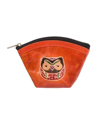 Peňaženka na drobné, oranžová, sova, ručne maľovaná koža, 11x9cm
