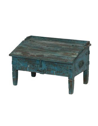 Starý kupecký stolík s odklápacou doskou, tyrkysová patina, 68x40x42cm
