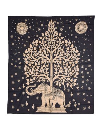 Prikrývka s tlačou, strom života a slon, čierno-zlatý, 230x200 cm