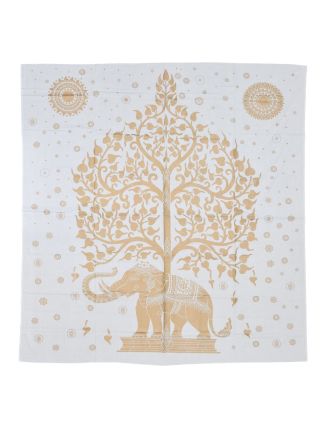 Prikrývka s tlačou, strom života a slon, bielo-zlatý, 230x200 cm