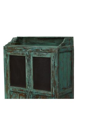 Presklená skrinka z teakového dreva, tyrkysová patina, 79x40x127cm