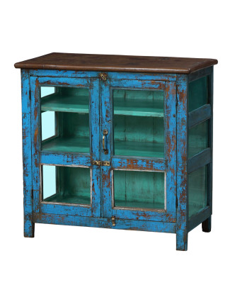Presklená skrinka z teakového dreva, modrá patina, 81x42x80cm