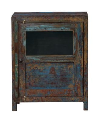 Presklená skrinka z teakového dreva, modrá patina, 62x31x78cm