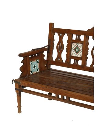 Stará lavička z teakového dreva, zdobená dlaždicami, 130x55x88cm