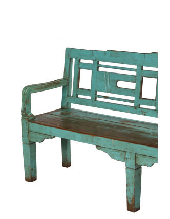 Stará lavička z teakového dreva, tyrkysová patina, 184x50x93cm
