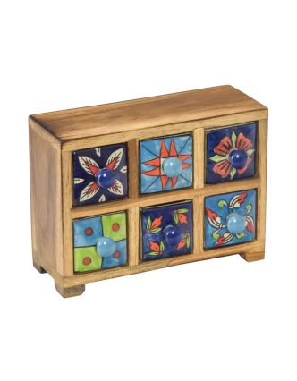 Drevená skrinka so 6 keramickými šuplíkmi, ručne maľovaná, 22x11x11cm