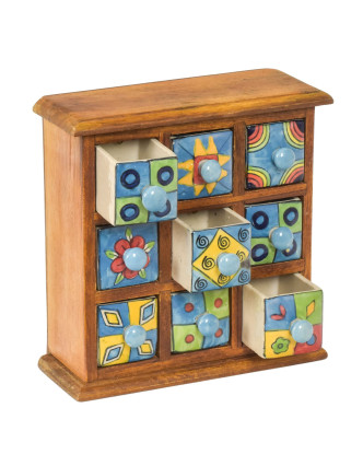 Drevená skrinka s 9 keramickými šuplíkmi, ručne maľovaná, 24x11x24cm