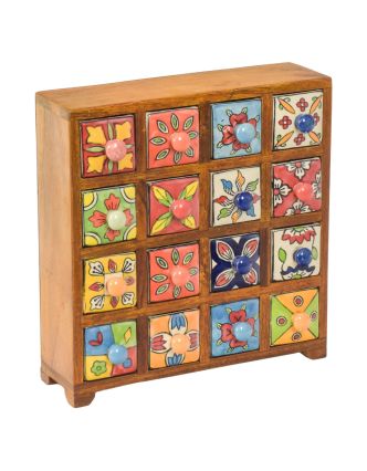 Drevená skrinka s 16 keramickými šuplíkmi, ručne maľovaná, 29x11x30cm