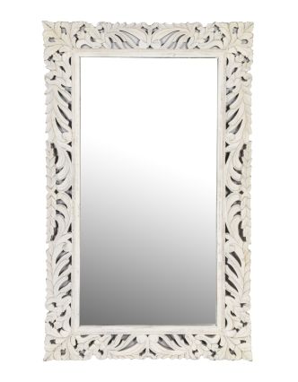 Zrkadlo v ráme z mangového dreva, ručne vyrezávané, biela patina, 90x3x150cm