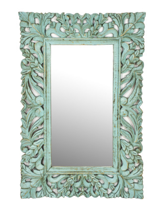 Zrkadlo vo vyrezávanom ráme, tyrkysová patina, mango, 60x3x90cm