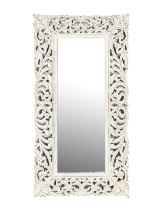 Zrkadlo vo vyrezávanom ráme, biela patina, mango, 60x3x120cm